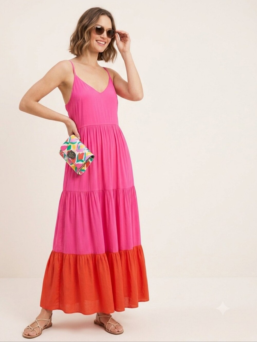 Kate Spade Pink Orange Colorblock Tiered Maxi Dress Adjustable Lightweight Med